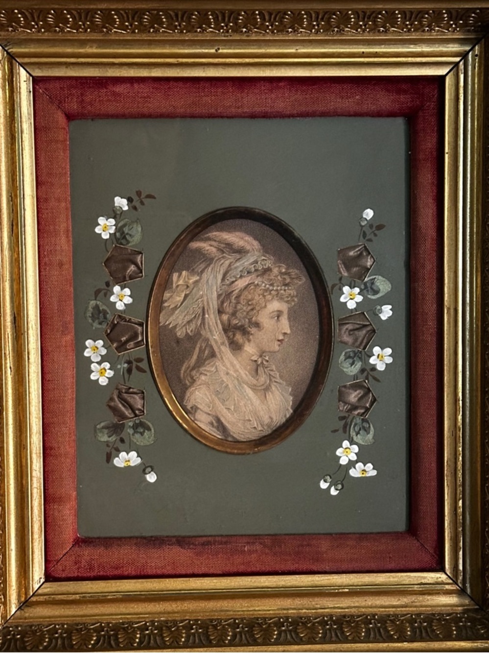 Antique French 1783 Brass Cameo Italian 3D Gold Framed etching painted RedVelvet